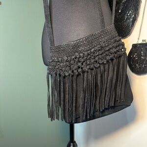 World Market Black Suede Fringe Crossbody Bag Boho Festival Western